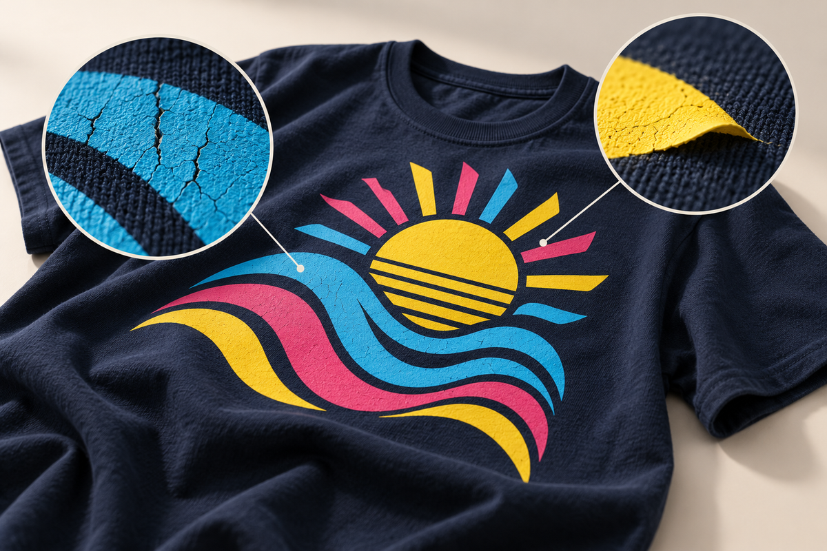 Concept illustration of a printed navy shirt with magnified examples of cracked ink and a lifting transfer edge.