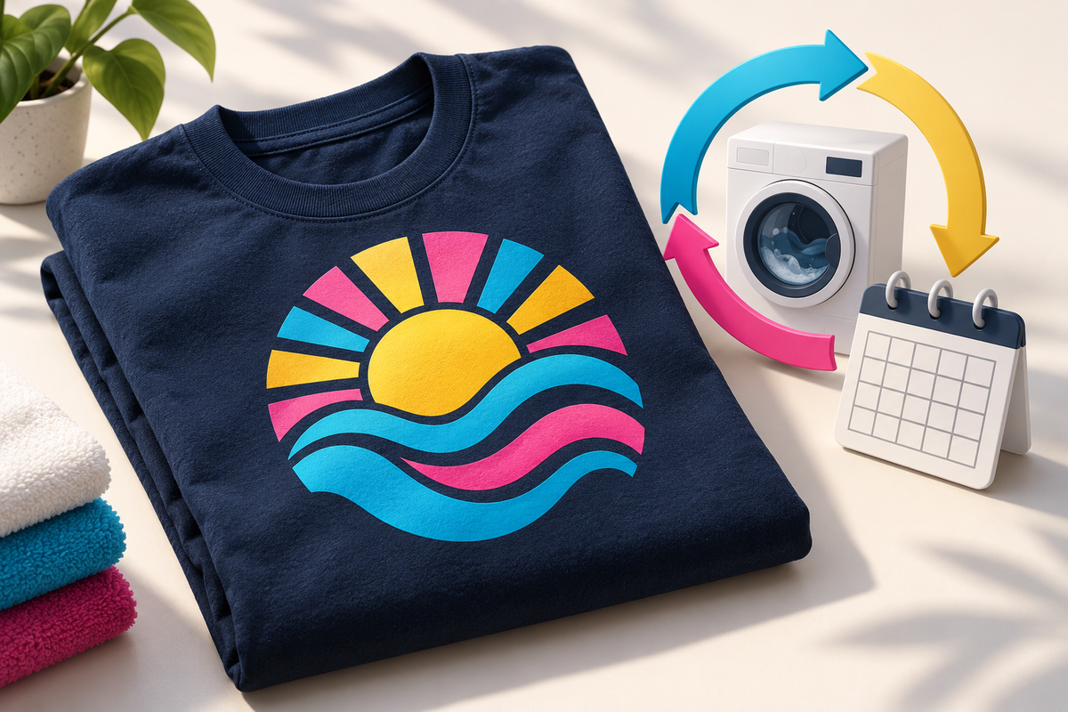 Concept illustration of a colorful printed navy shirt with washing-cycle arrows and a calendar.