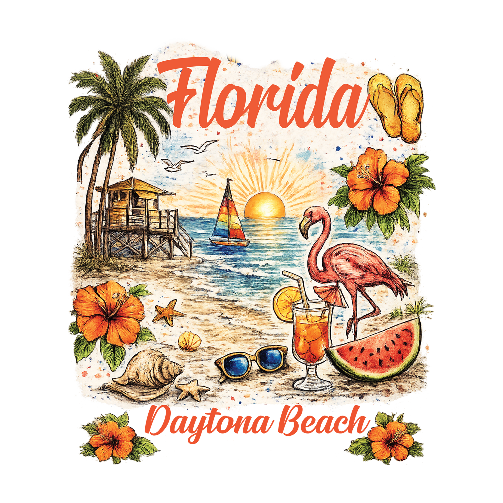 Florida Vintage Beach Sunset Flamingo