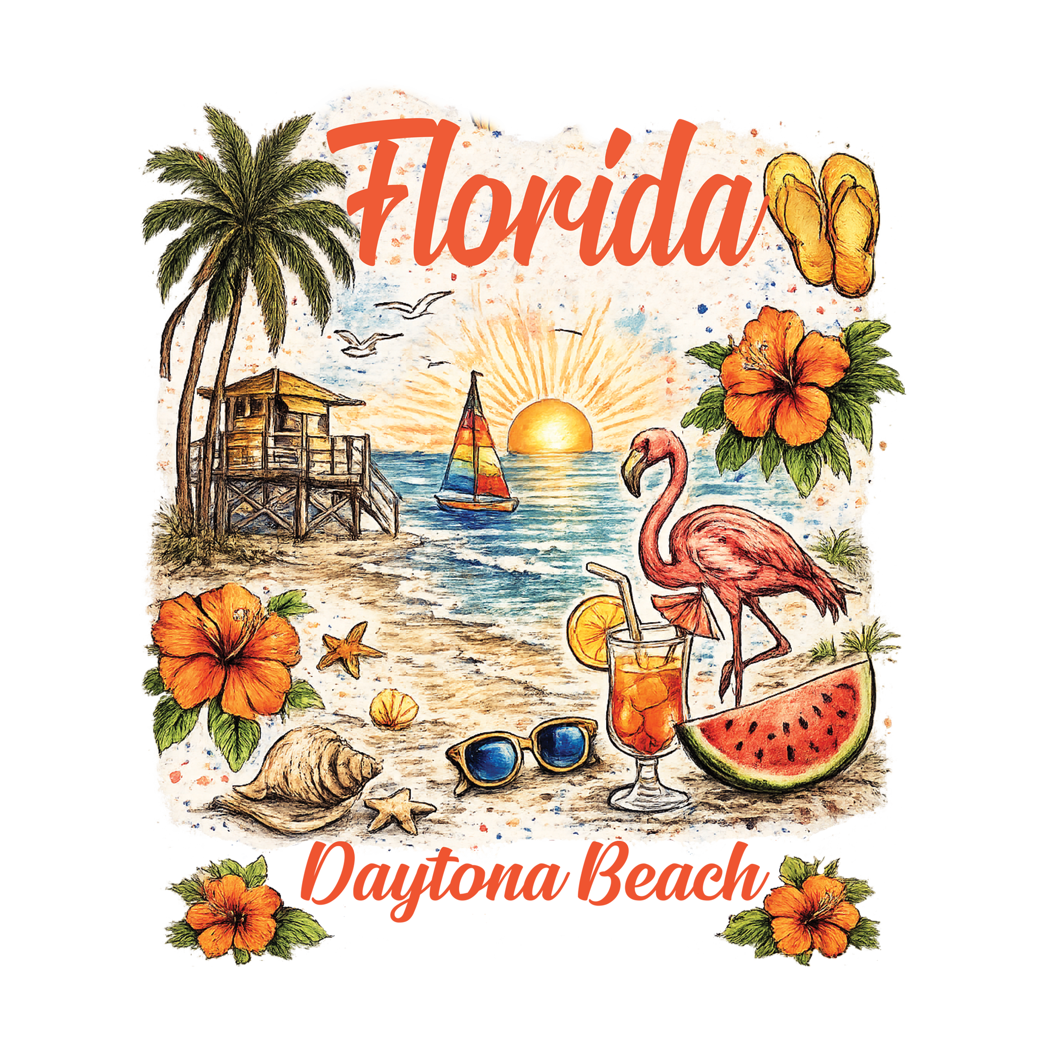 Florida Vintage Beach Sunset Flamingo
