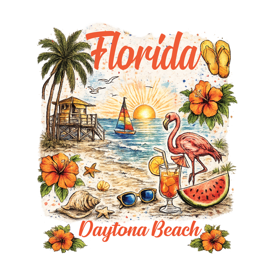 Florida Vintage Beach Sunset Flamingo