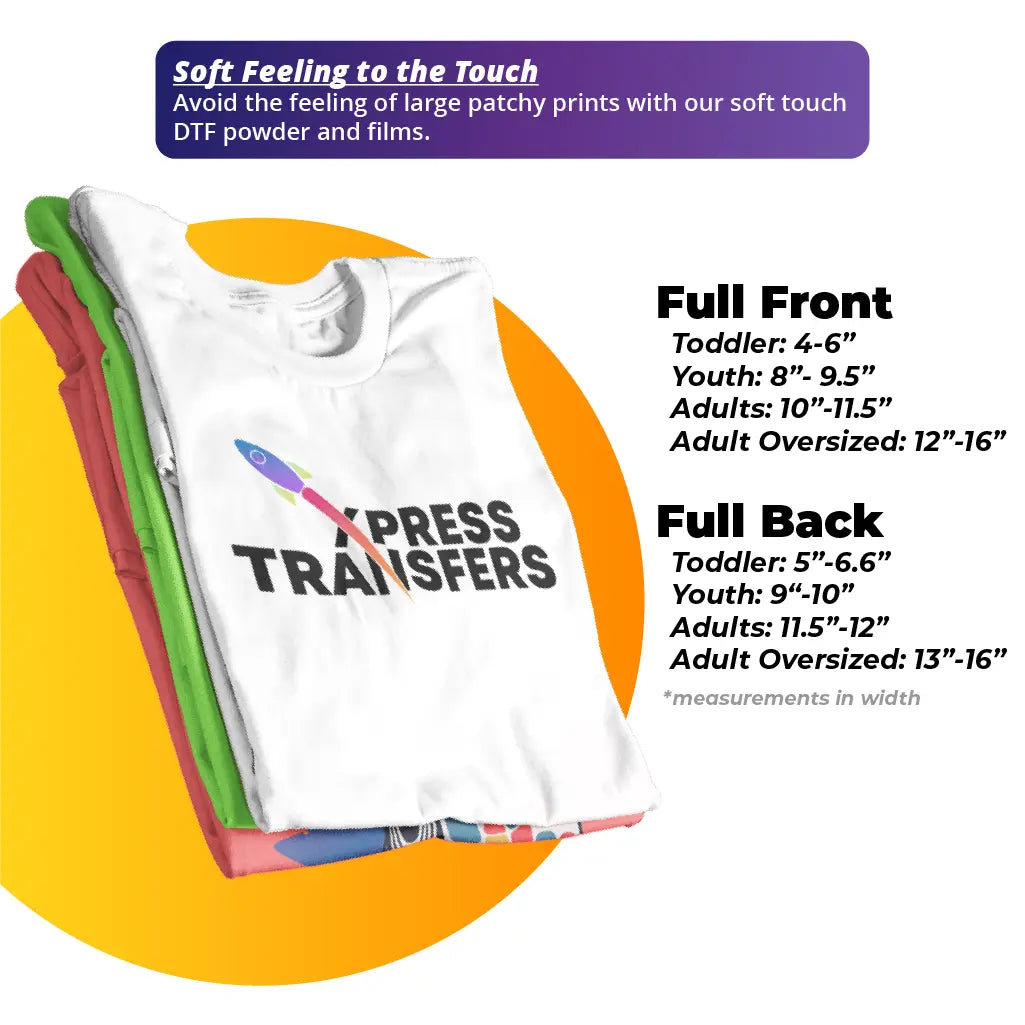 Soft feeling, void the feeling of large patchy prints with our soft touch DTF powder and films.