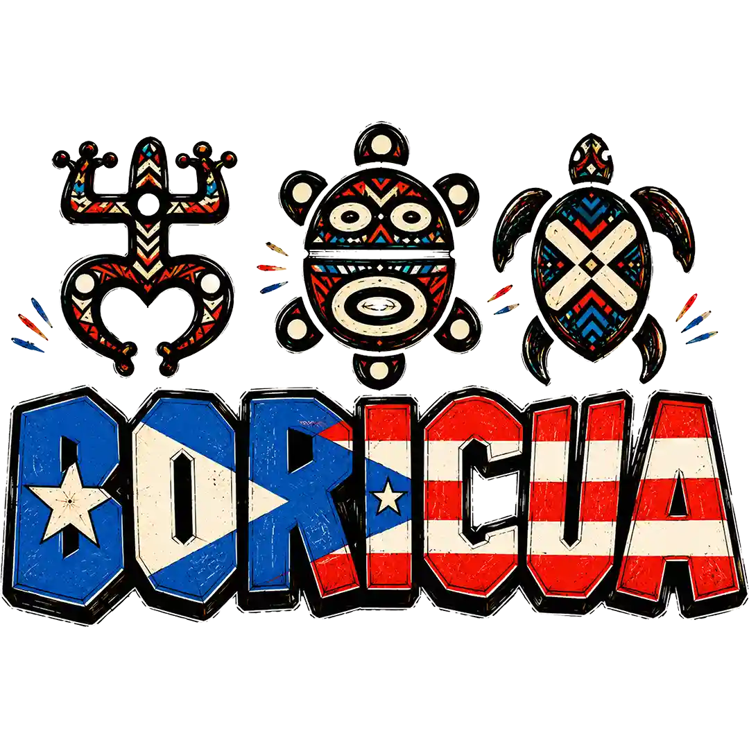 Boricua flag-filled block lettering beneath three decorative heritage symbols; premade DTF transfer design.