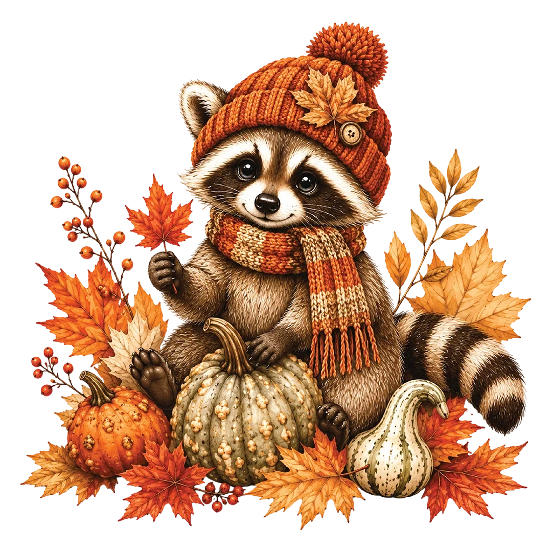 Cozy Autumn Raccoon and Pumpkins