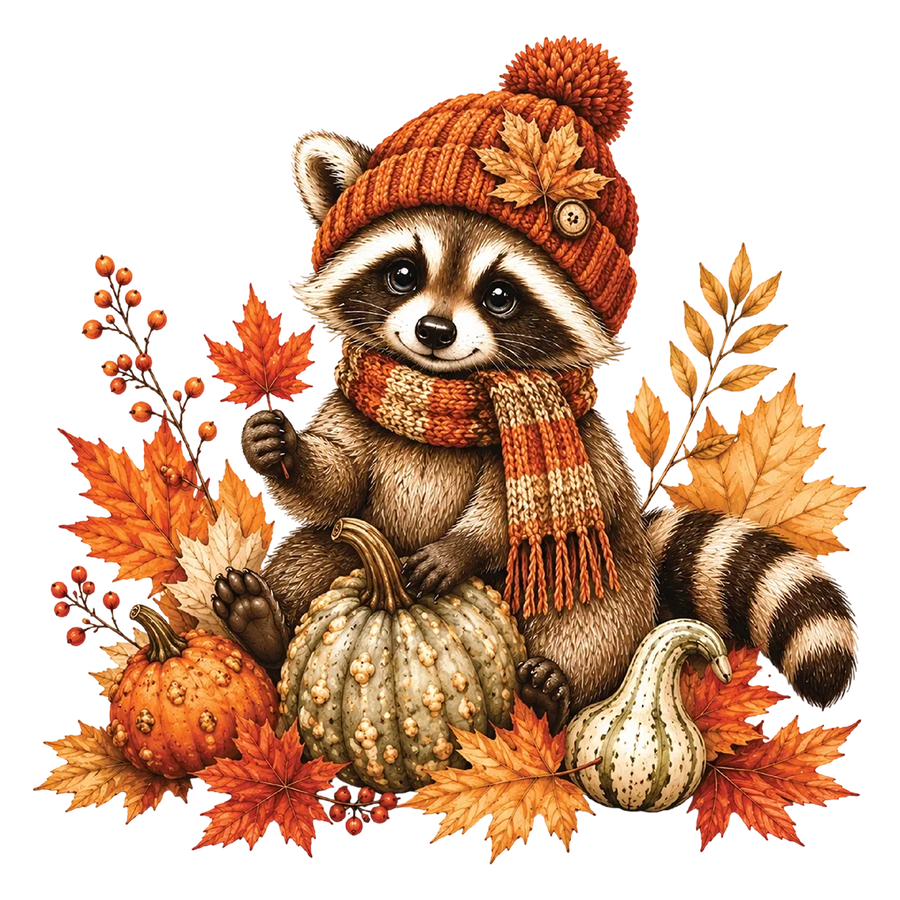 Cozy Autumn Raccoon and Pumpkins