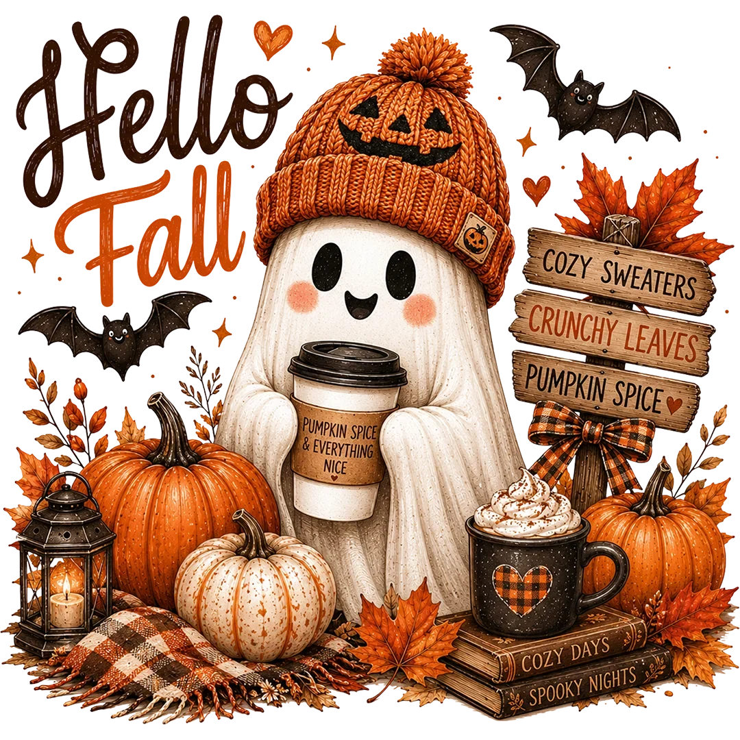 Hello Fall Pumpkin Spice Ghost premade DTF transfer design