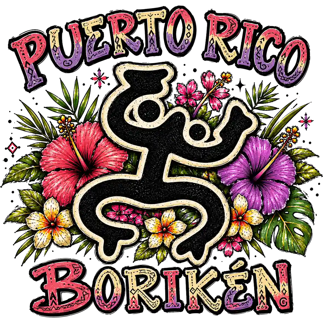 Puerto Rico Borikén lettering surrounding a large black frog symbol, hibiscus flowers and tropical leaves; premade DTF transfer design.