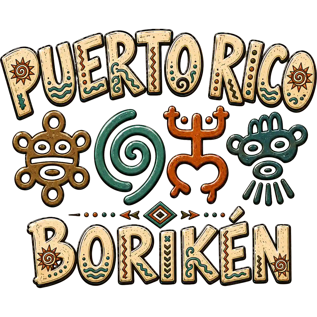 Puerto Rico Borikén lettering surrounding four decorative heritage symbols in cream, green and rust colors; premade DTF transfer design.