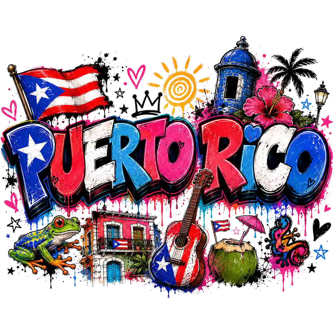 Puerto Rico lettering with a flag, colorful building, guitar, frog, coconut, flowers and watchtower; premade DTF transfer design.
