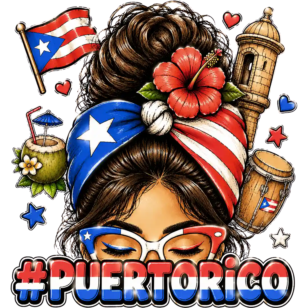 Puerto Rico hashtag lettering beneath a woman with a hair bun, flag headwrap, red glasses, hibiscus and island motifs; premade DTF transfer design.