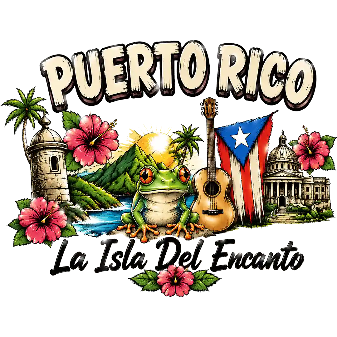 Puerto Rico La Isla Del Encanto lettering with a frog, mountains, coast, guitar, flag, hibiscus and buildings; premade DTF transfer design.