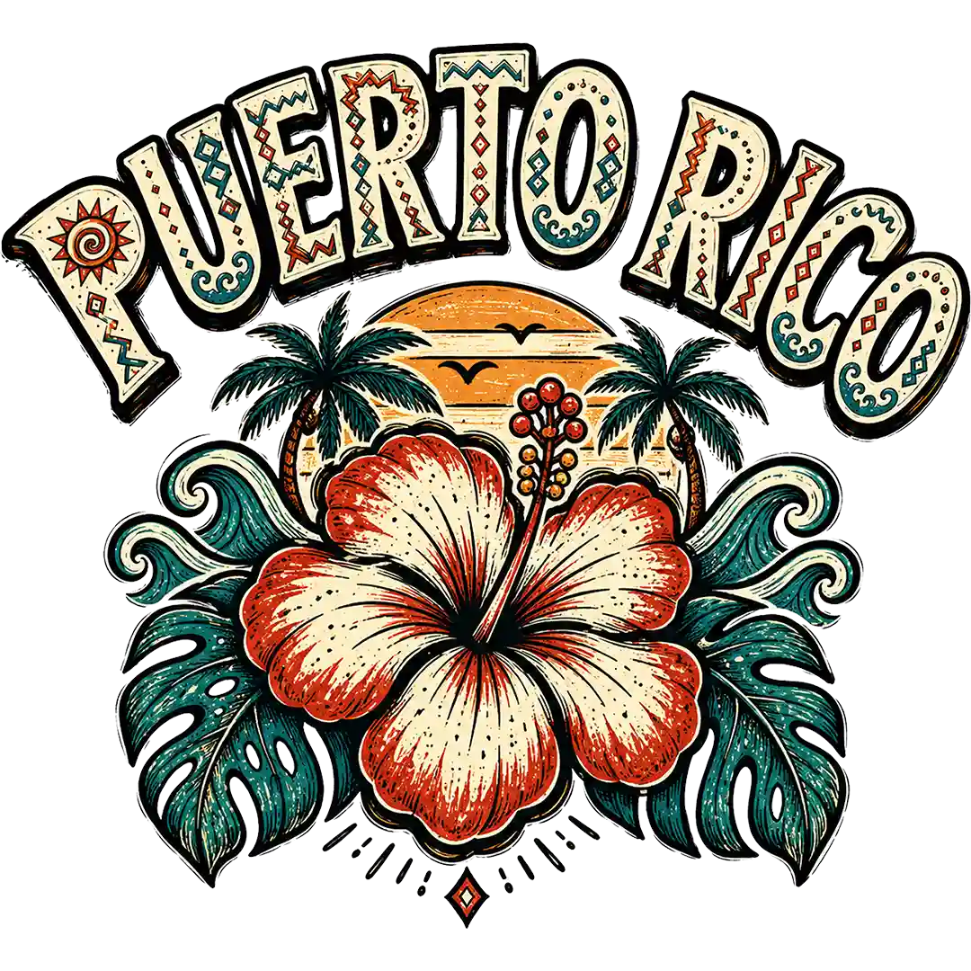 Puerto Rico lettering above a cream and red hibiscus, sunset, palms and teal tropical leaves; premade DTF transfer design.