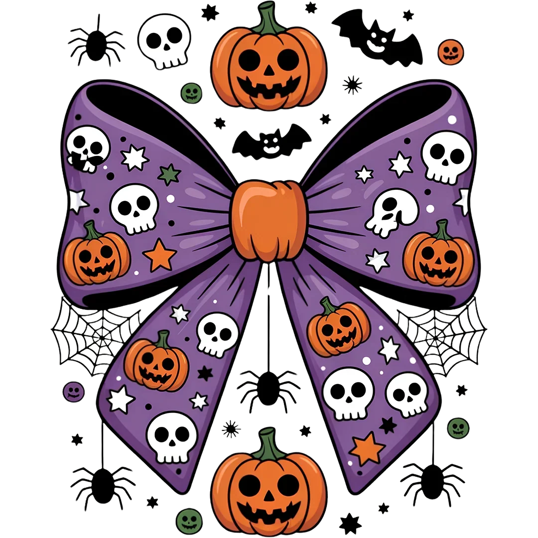 Purple Halloween Skull and Pumpkin Bow