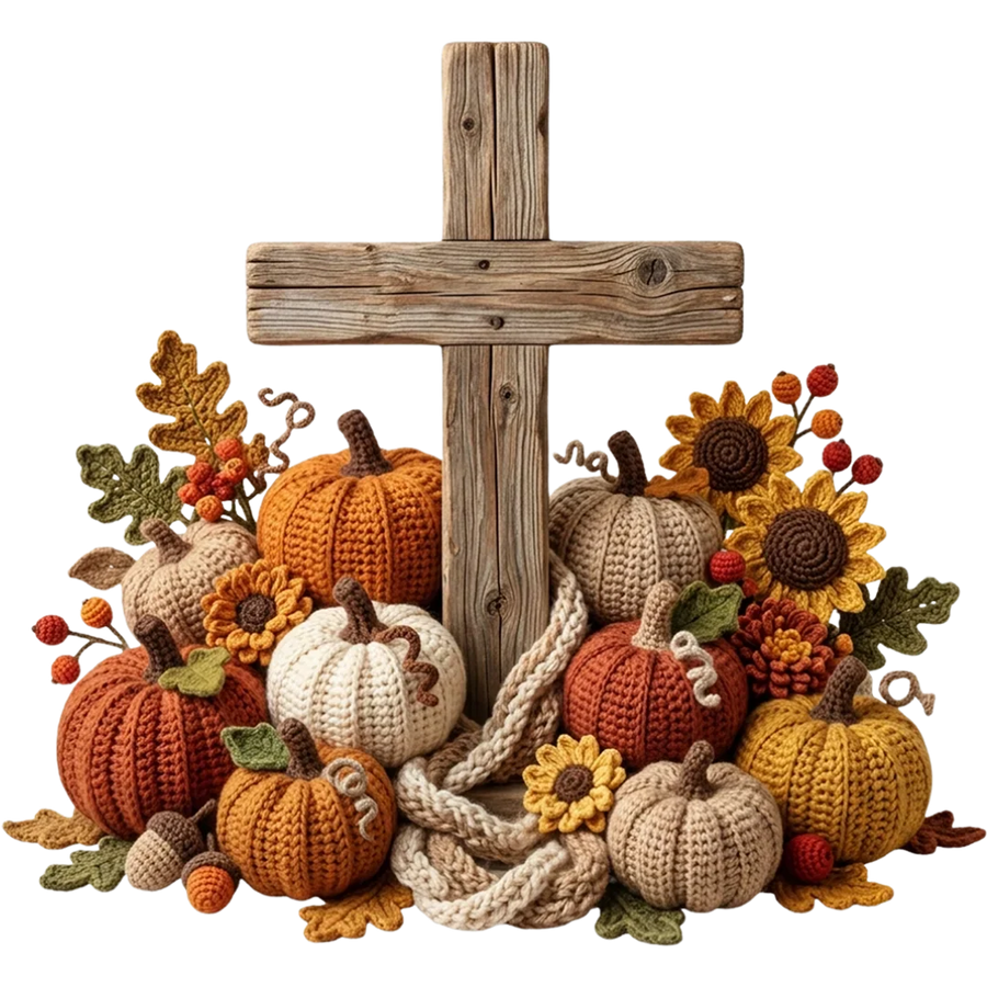 Rustic Knit Cross and Pumpkins