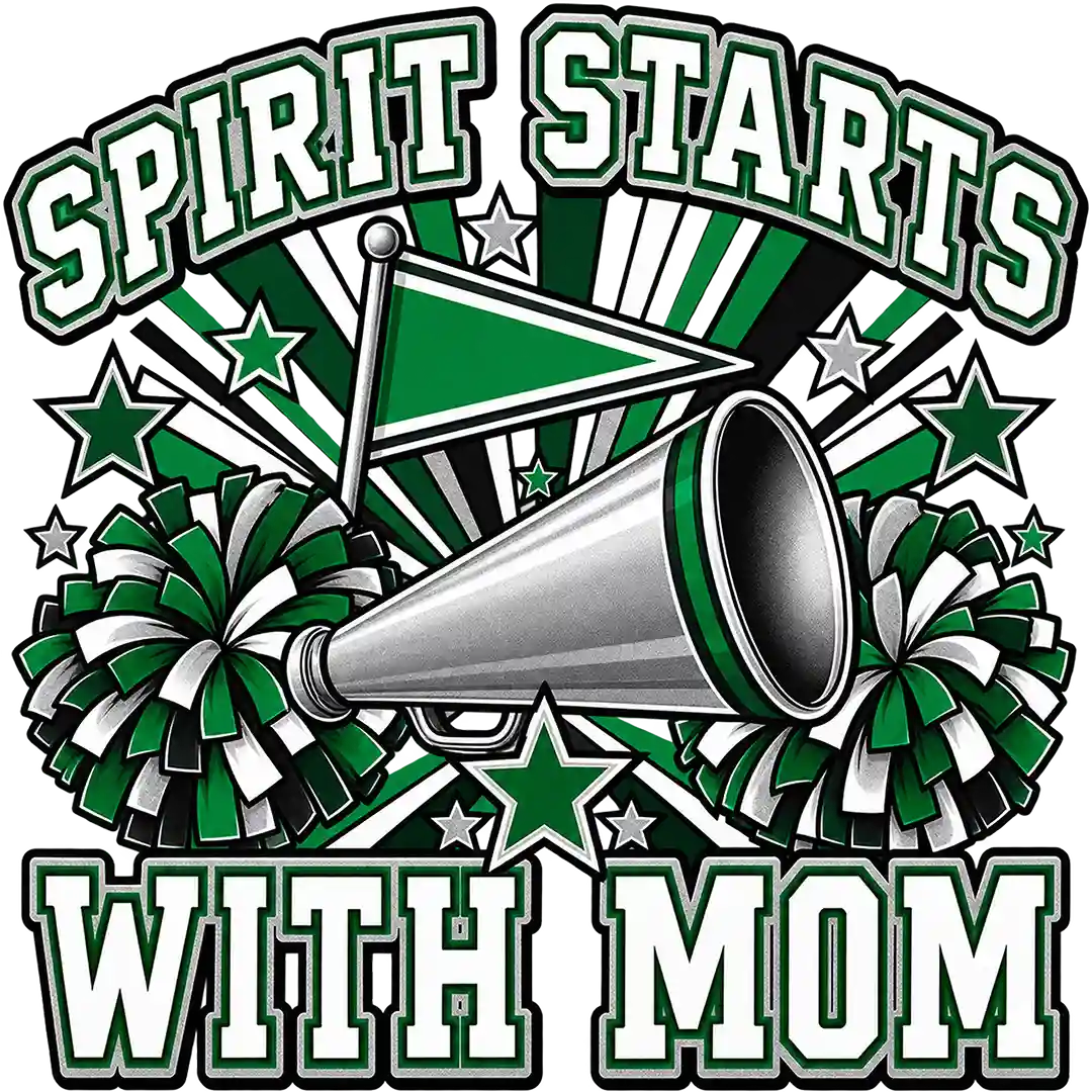 Spirit Starts With Mom cheer DTF transfer in green silver and black