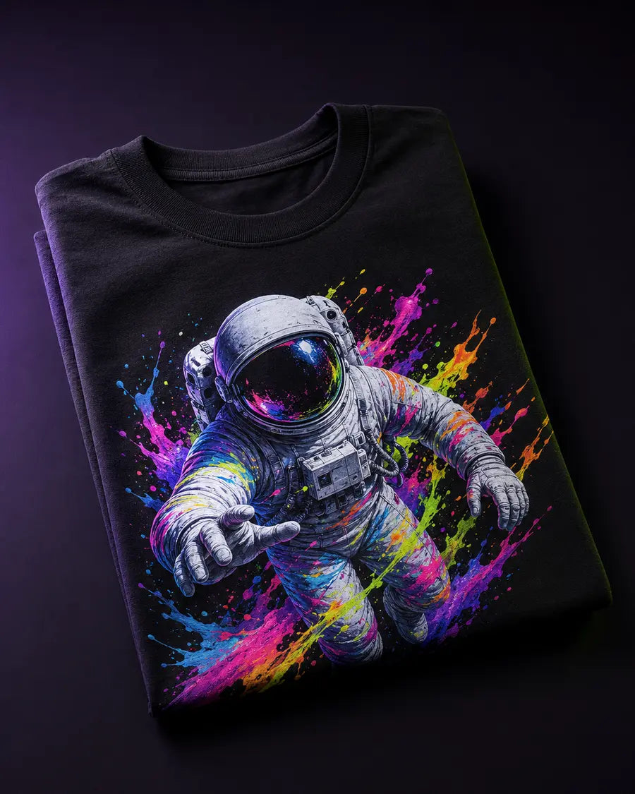 Black shirt with a vibrant astronaut DTF transfer
