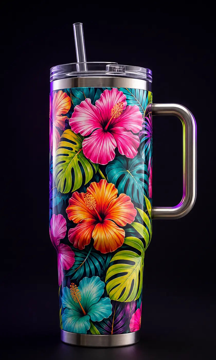 Tumbler decorated with a colorful UV DTF transfer